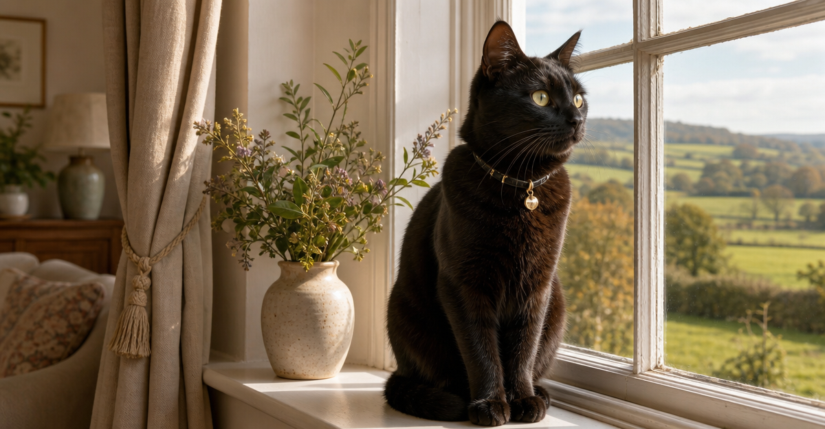 Black cat by window with UK pet passport travel theme