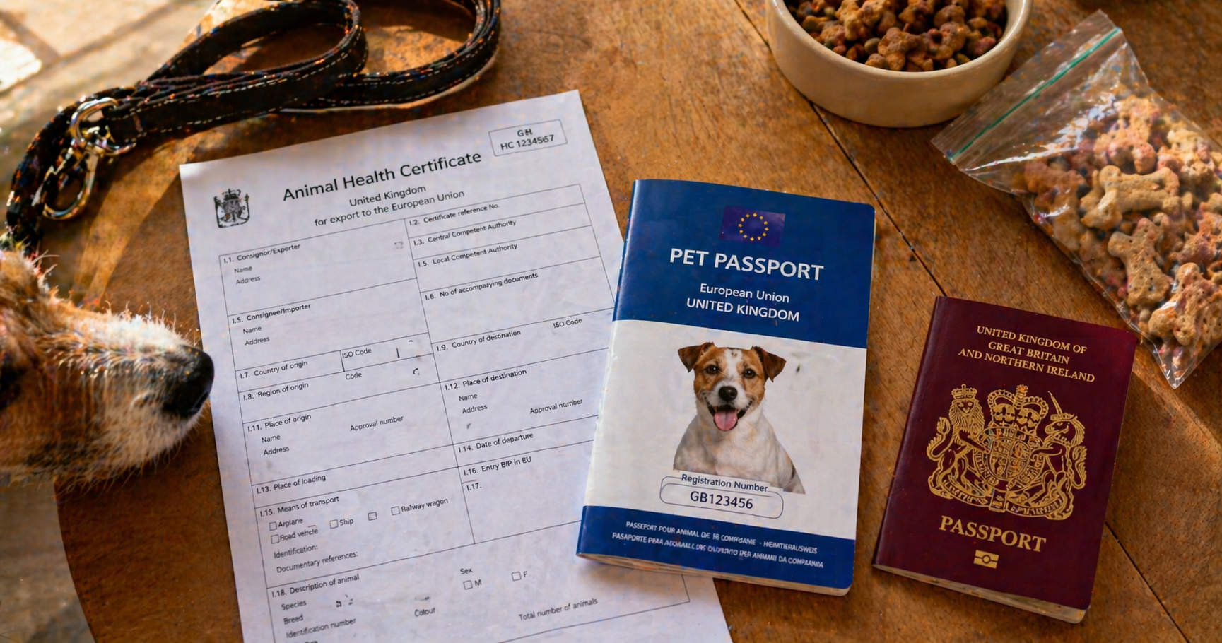 Pet travel documents and vaccination booklet laid out next to a dog lead and treats
