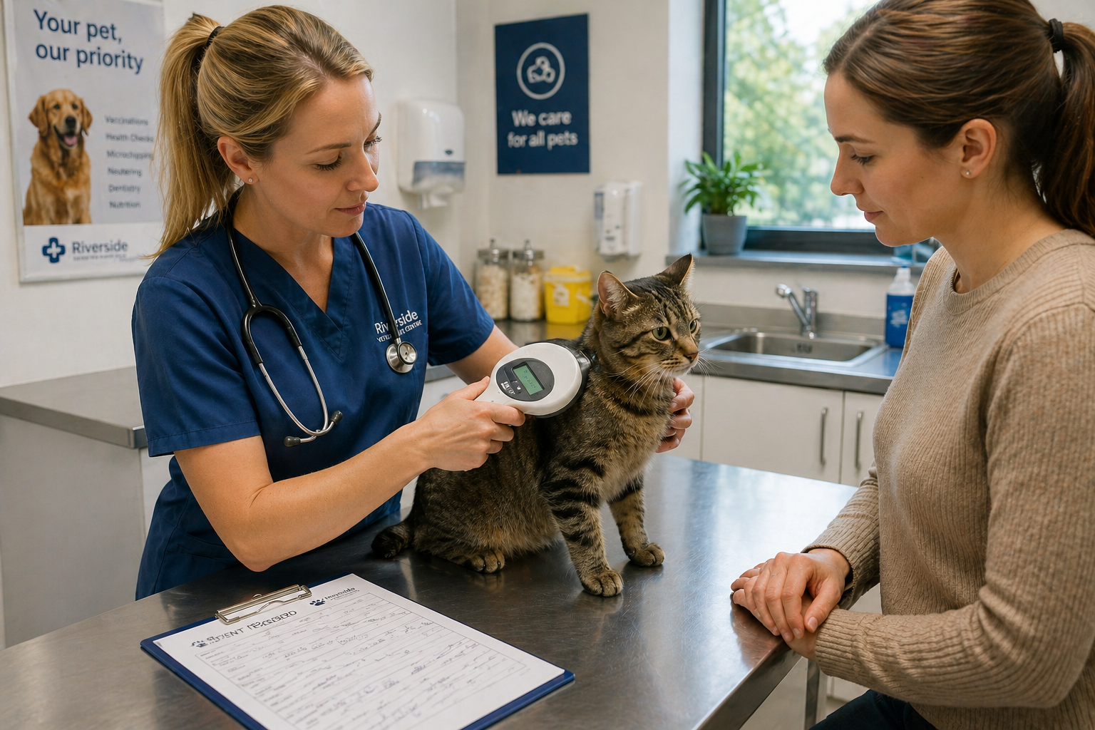 Veterinarian examining a cat and checking microchip during health certificate appointment