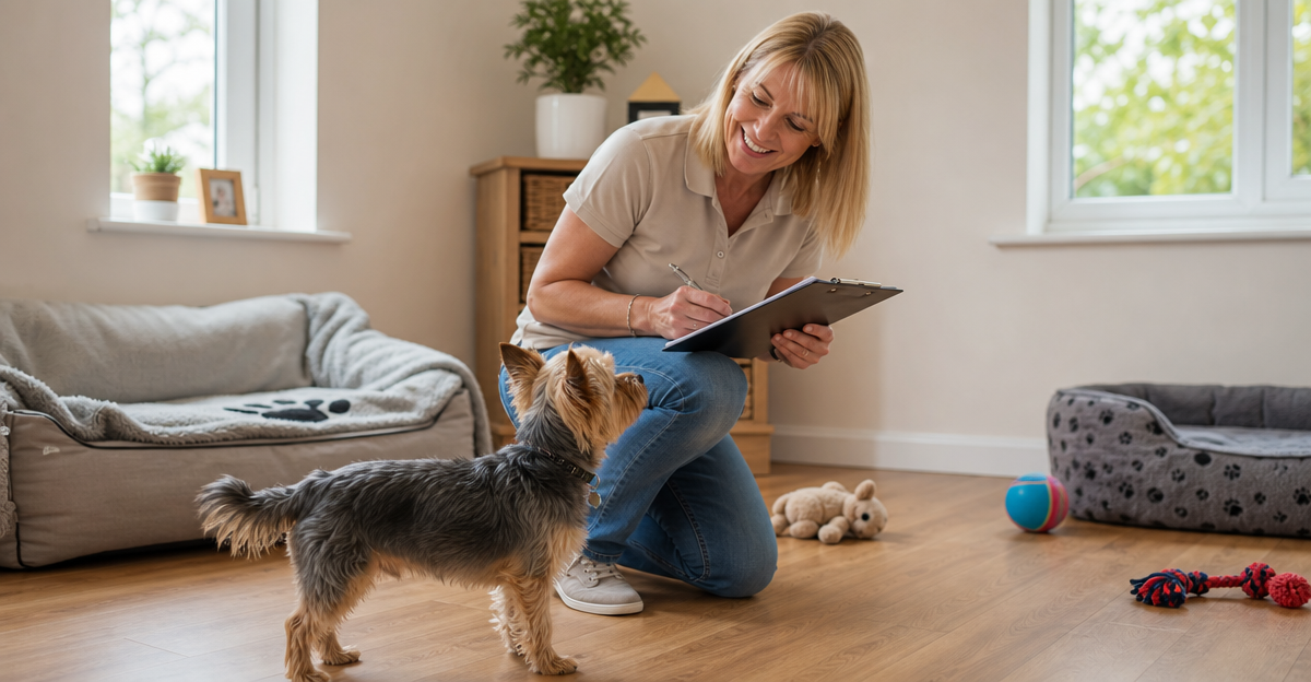 Pet sitter with Yorkshire Terrier and insurance documentation in UK home boarding setting