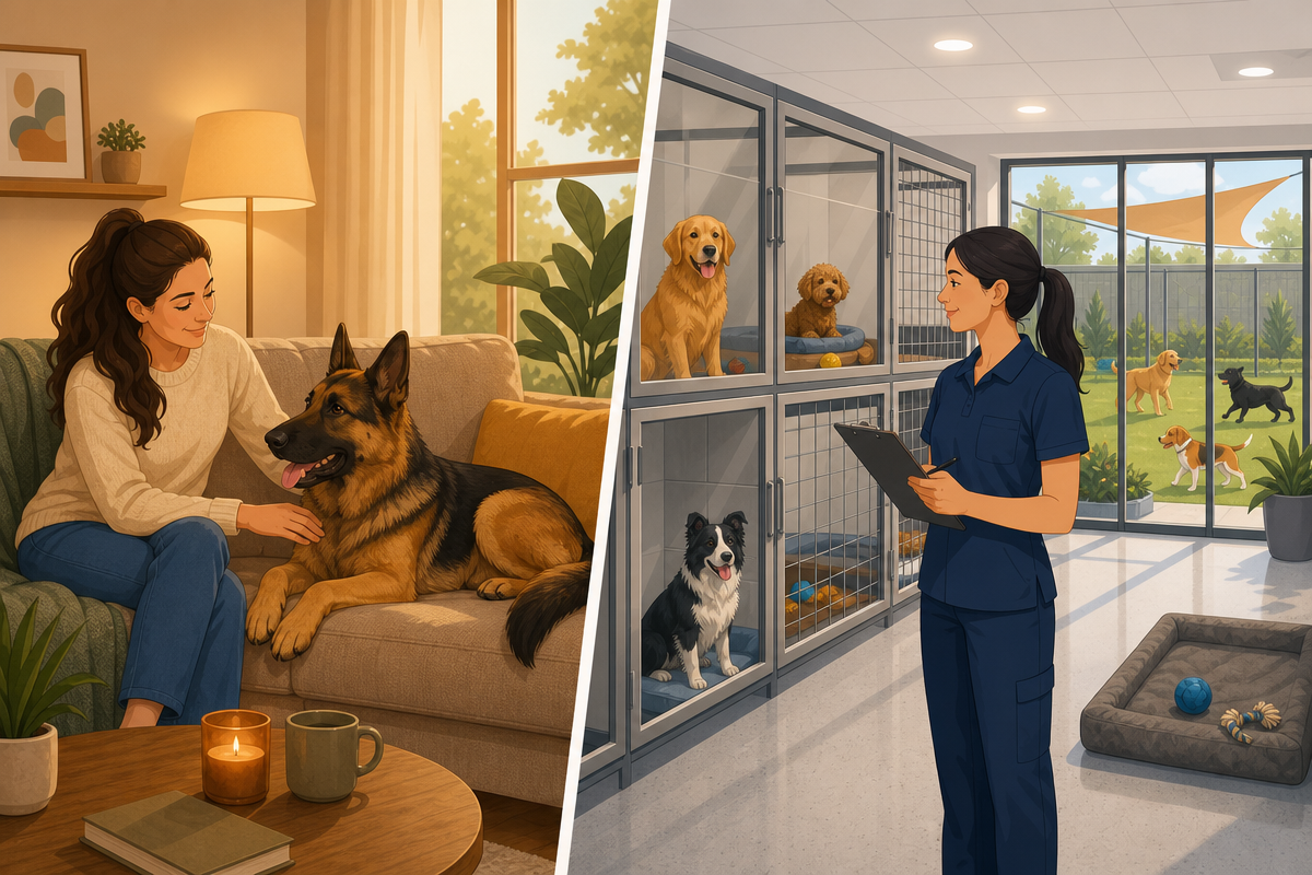 Comparison illustration of private pet sitter versus licensed UK pet hotel facilities