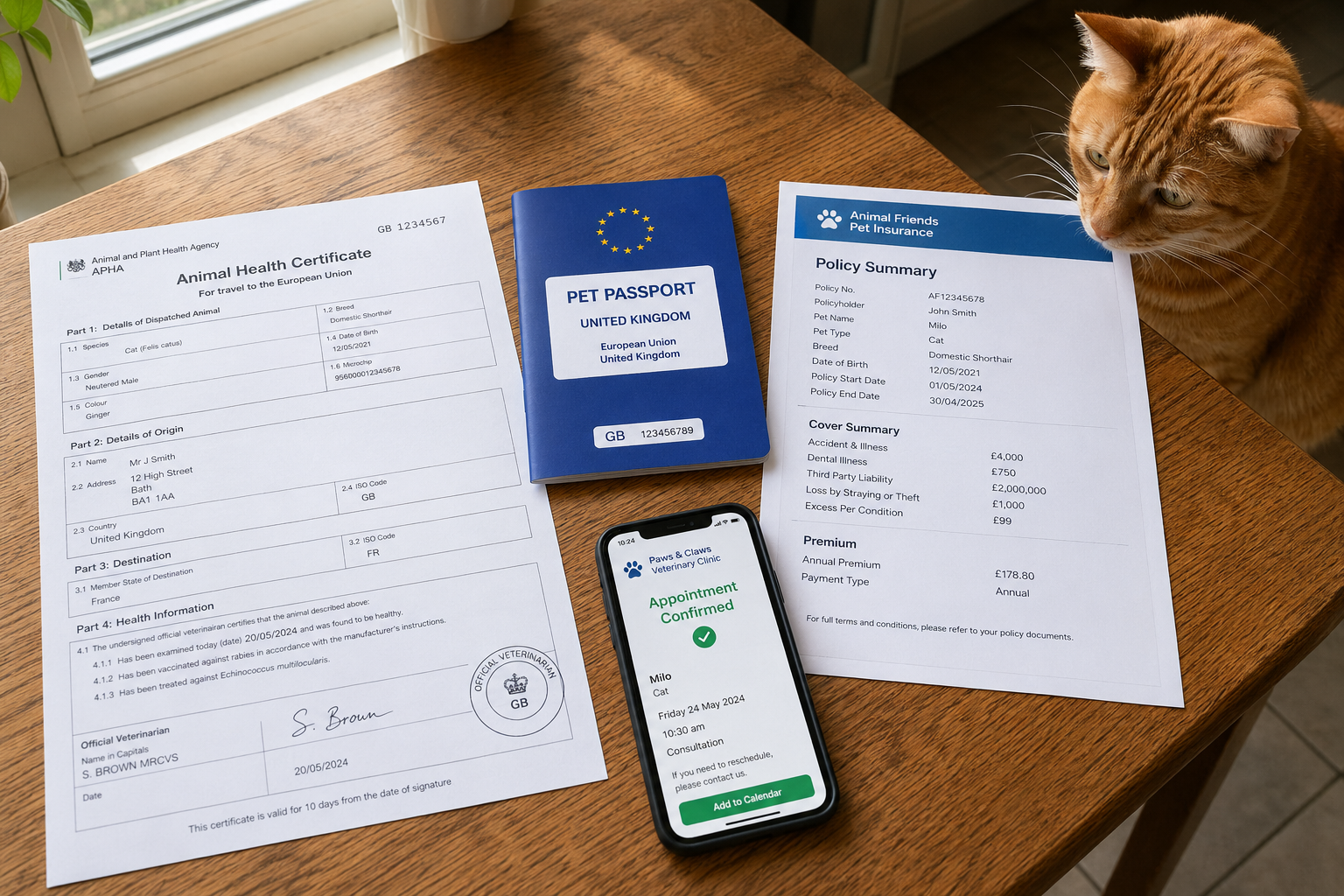 Pet travel documents including Animal Health Certificate and insurance policy on table