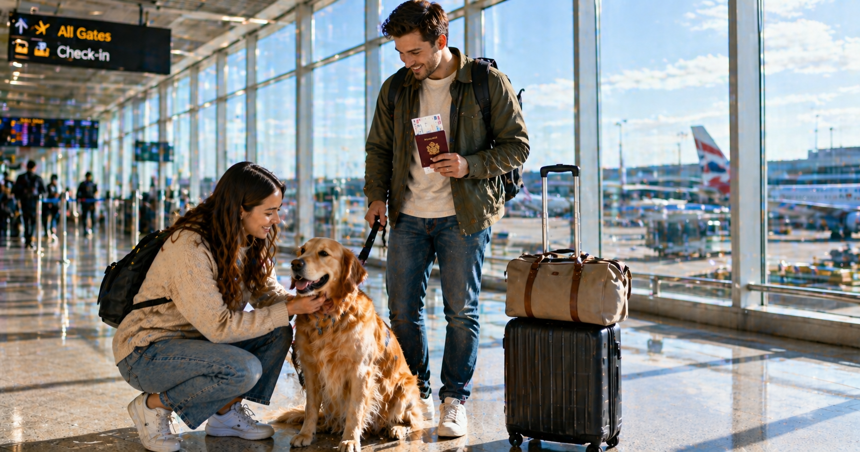 UK pet owners at airport with dog in travel crate reviewing travel documents