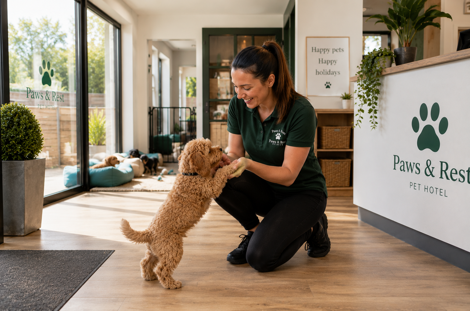 Golden Retriever puppy meeting daycare staff at a UK pet facility