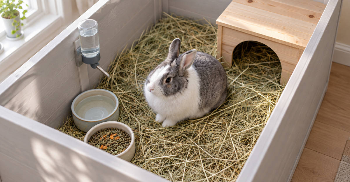 Rabbit boarding in Essex: comfortable indoor care space with hay bedding and fresh water