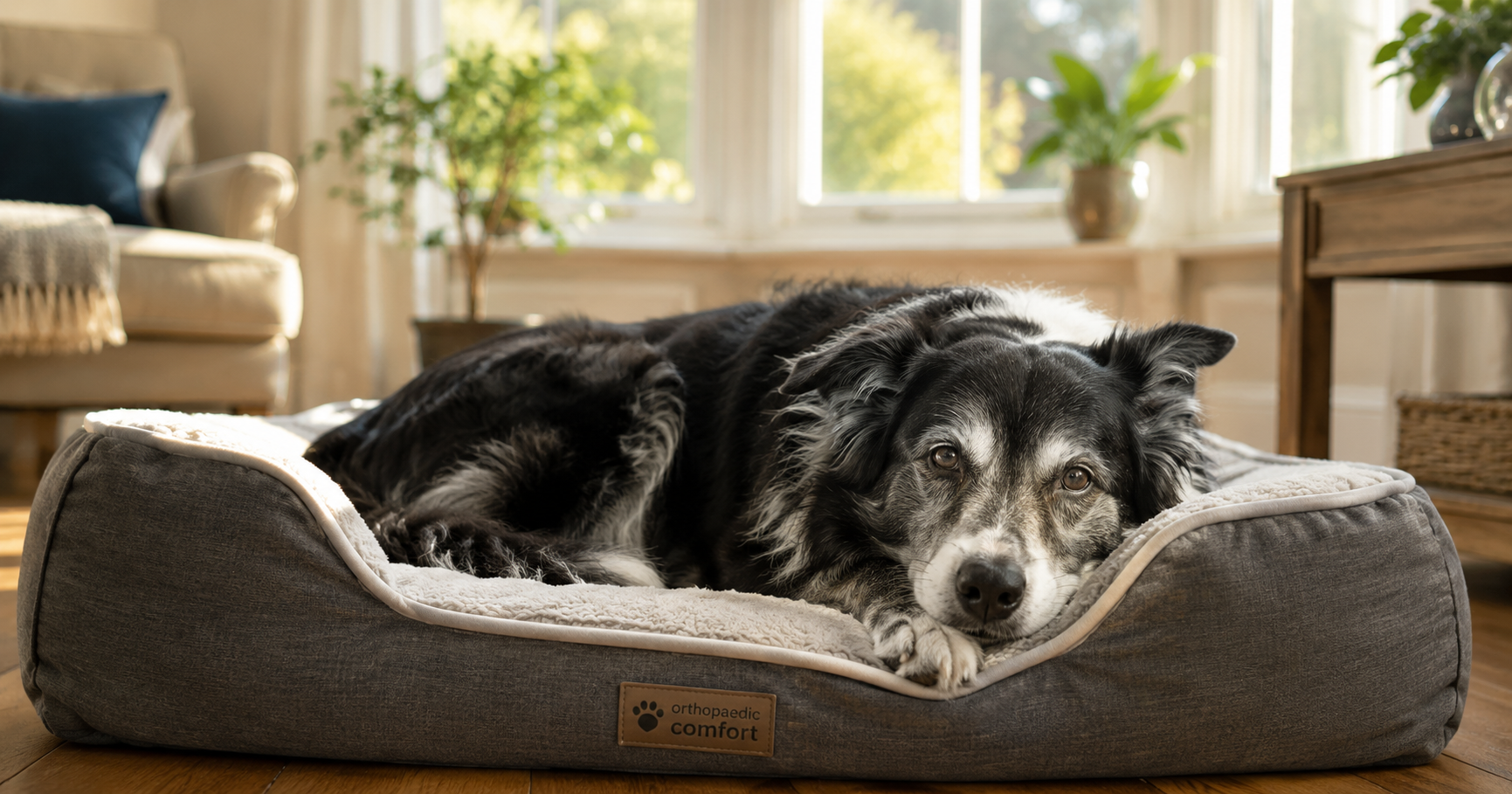 Senior Golden Retriever resting on orthopedic bed in sunlit home, illustrating senior dog care