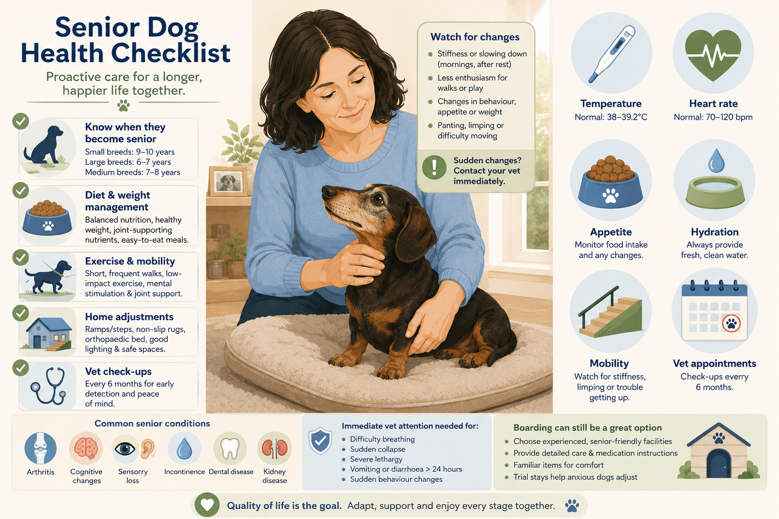 Senior dog health monitoring checklist illustration with owner and Dachshund