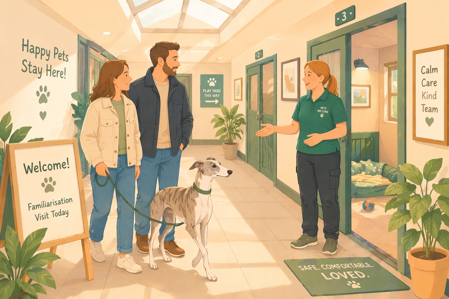 Dog on a familiarisation visit to a boarding facility with owner