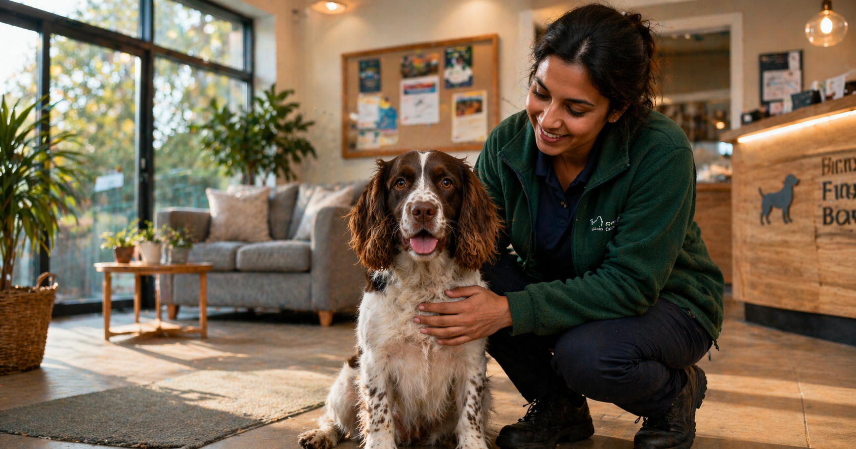 Springer Spaniel being comforted by a handler at a boarding facility reception