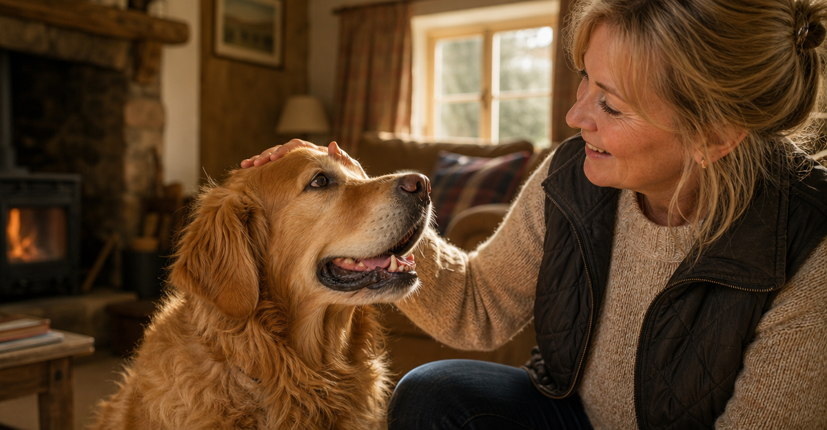 Golden Retriever bonding with owner showing signs of love and affection