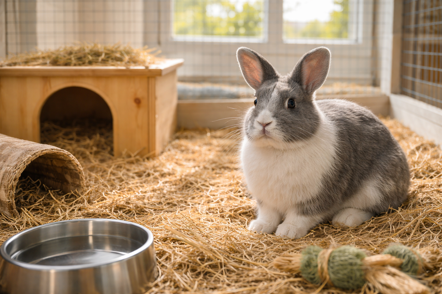 Rabbit in comfortable pet boarding facility pen with hay and hideaway