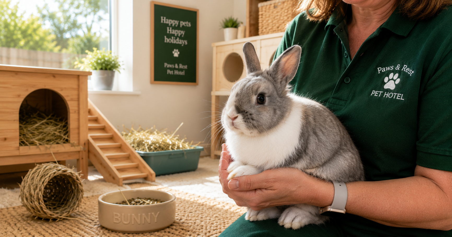 Handler with grey and white rabbit in a bright UK boarding room