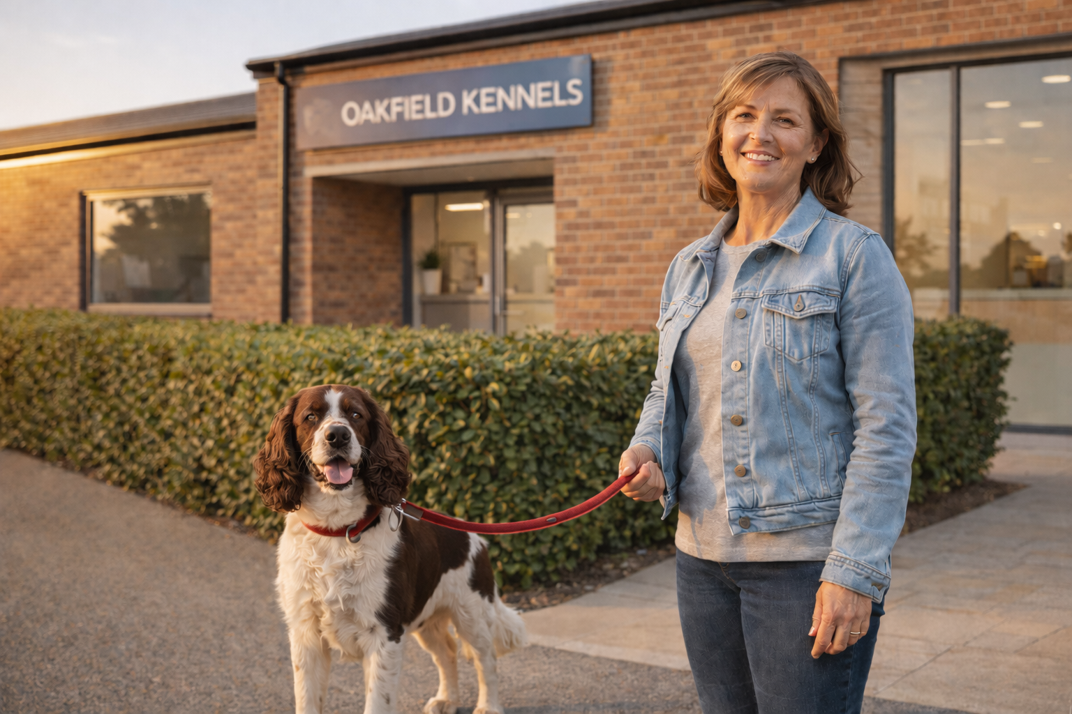 Dog boarding facility with Staffie and owner meeting professional staff
