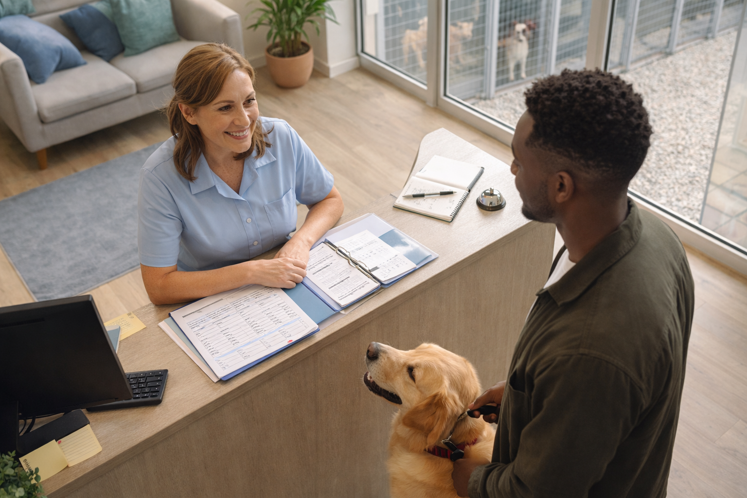 UK dog boarding reception desk with owner, staff member, and golden Retriever during check-in