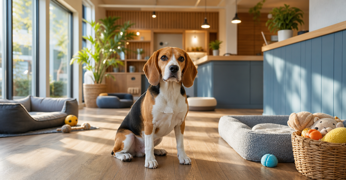 Beagle in bright pet boarding reception area with comfortable facilities and natural lighting