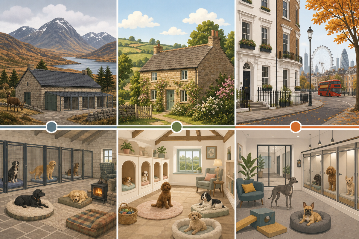 Illustration comparing UK pet boarding facility types across different regional locations