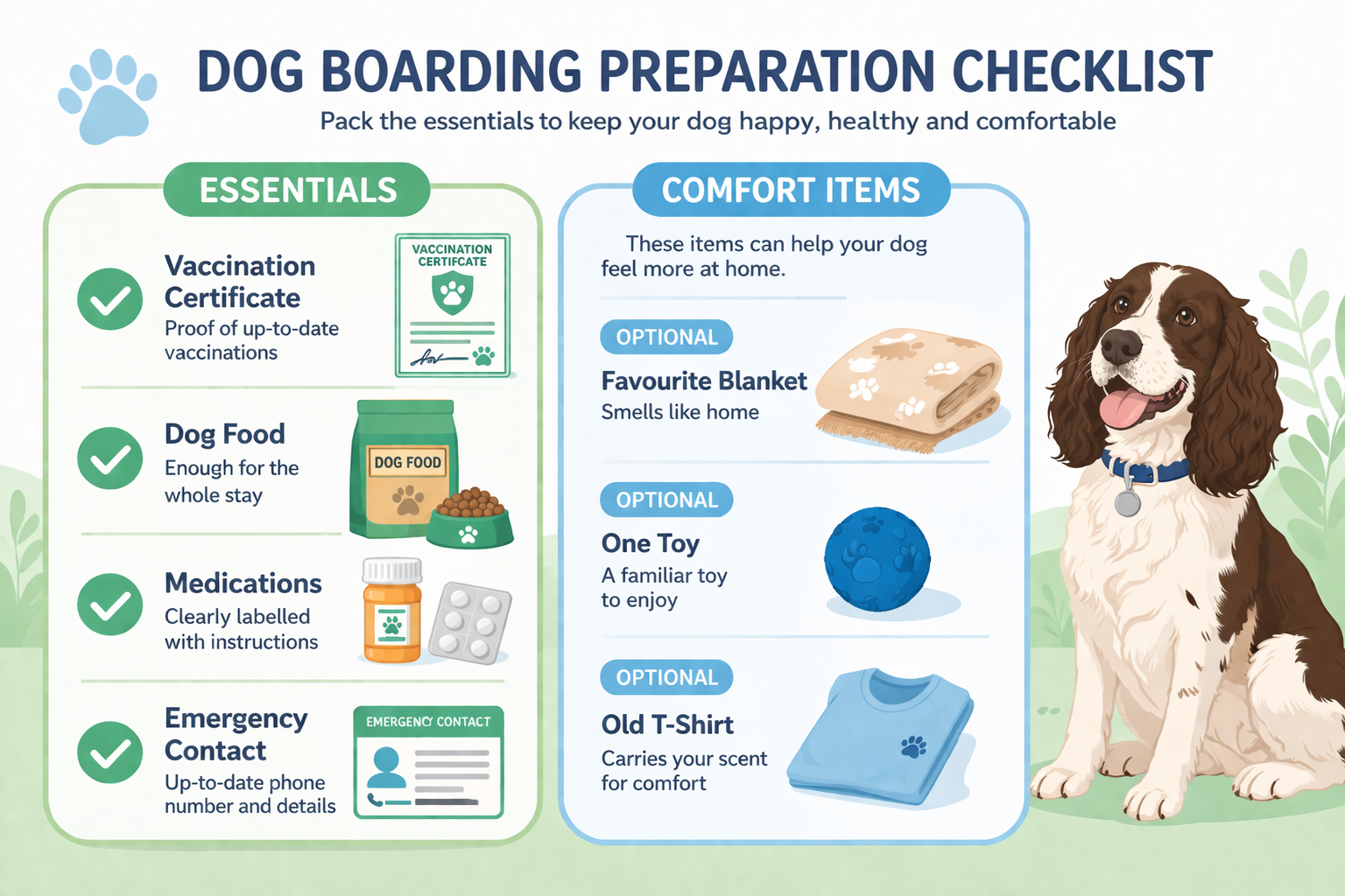 Essential vs optional items checklist for dog boarding with illustrated golden Retriever