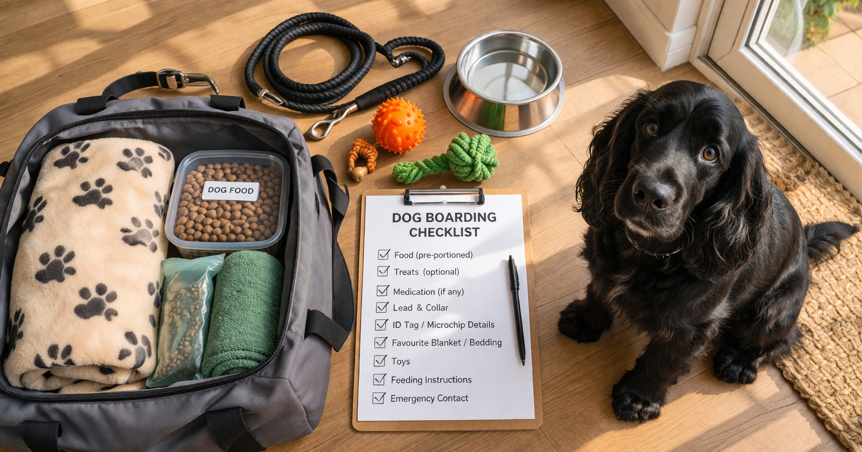 Dog boarding packing checklist with organized items and black Spaniel ready for boarding