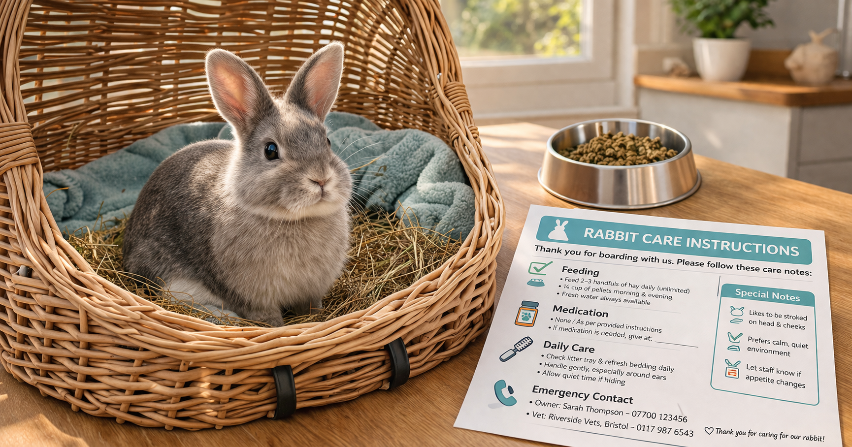 Grey and white rabbit in carrier at UK pet boarding facility with care items
