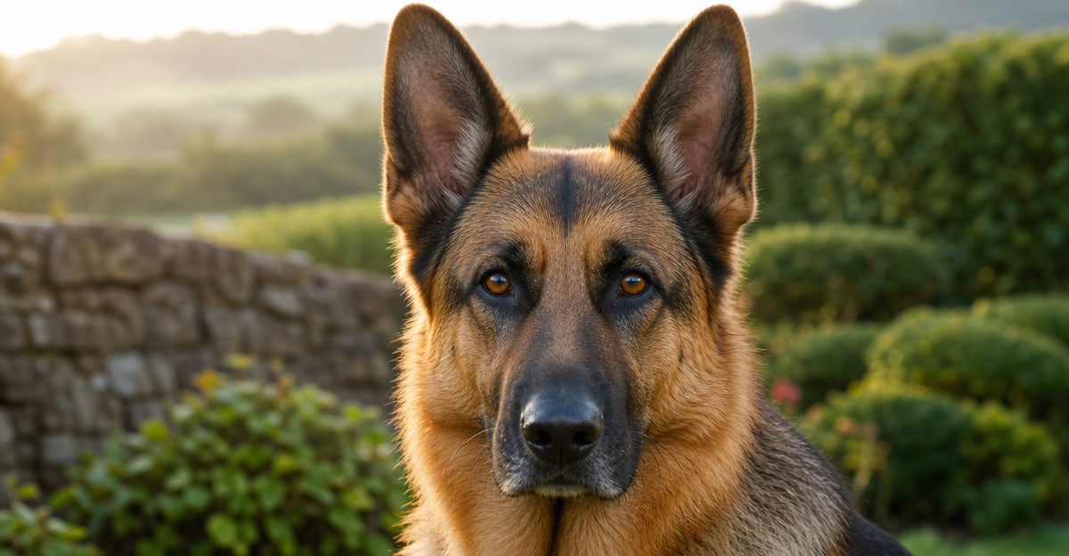German Shepherd dog displaying alert body language and focused expression in natural outdoor setting
