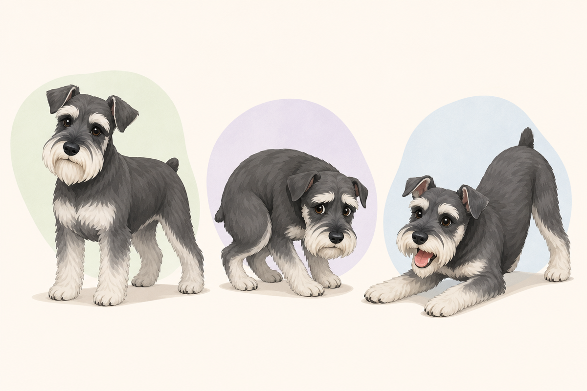 Illustration of Miniature Schnauzer displaying three different canine body language poses and emotions