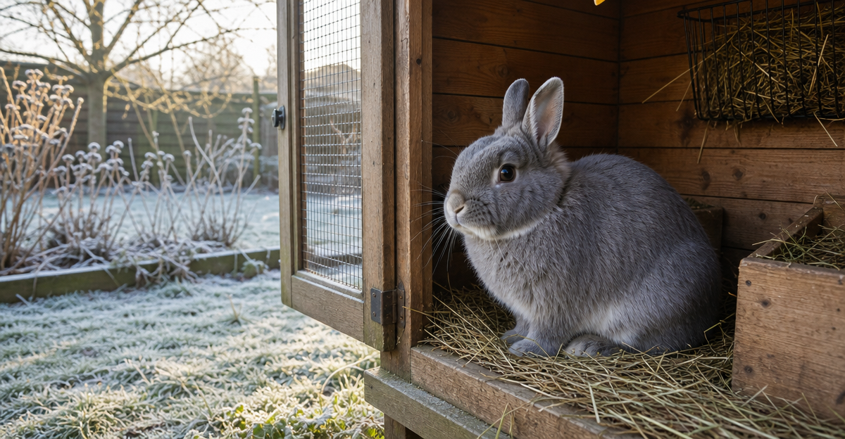 Winter rabbit care: fluffy rabbit in frost-covered outdoor hutch during cold season